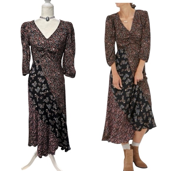 Fat Face Midi Dress Boho Women Size US 6R Ditsy Floral Mix Media V Neck 3/4 Nate - Picture 1 of 16
